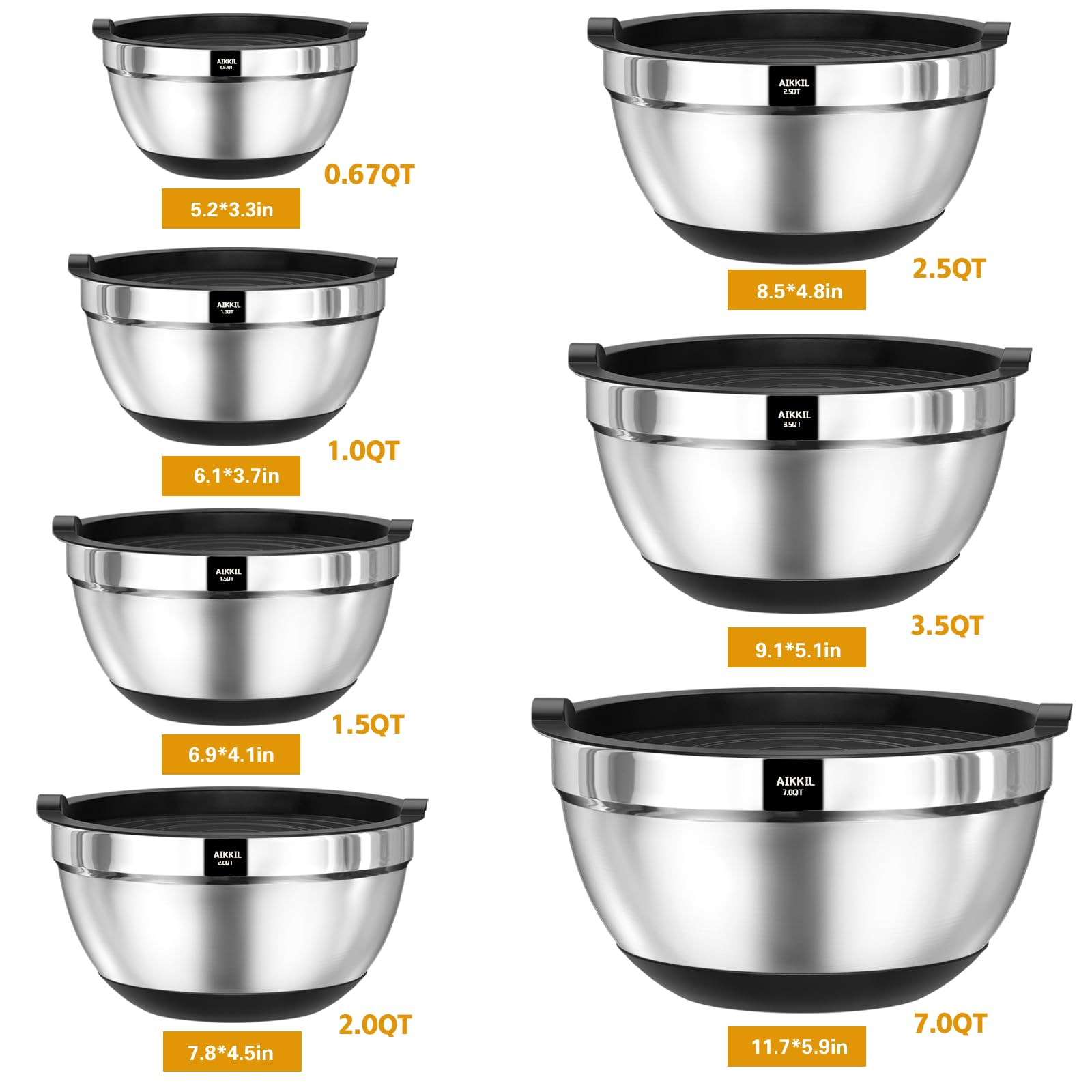 AIKKIL stainless steel bowls interior shine highlights rust resistance and easy cleaning.