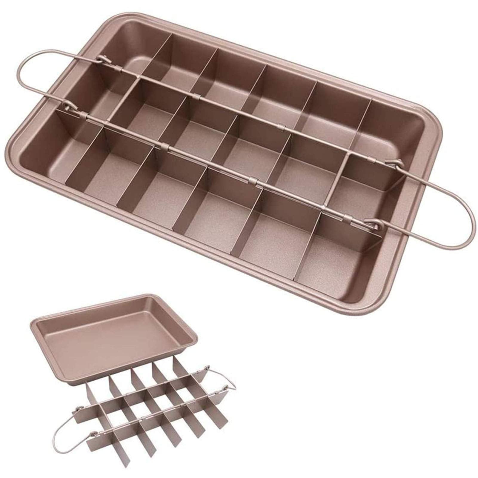 Ailelan brownie pan divider insert demonstrates pre-sliced brownie capability for quick serving.
