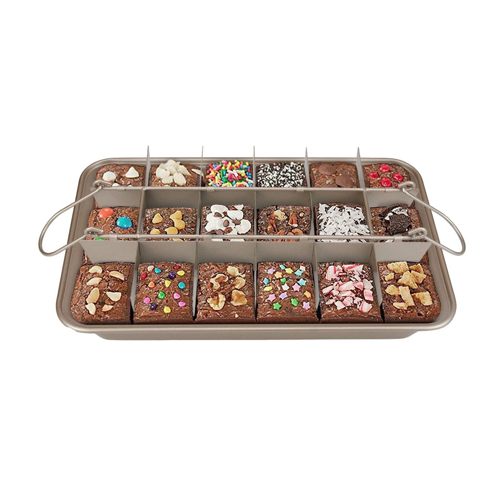 Ailelan brownie pan pops out each slice for mess-free serving.