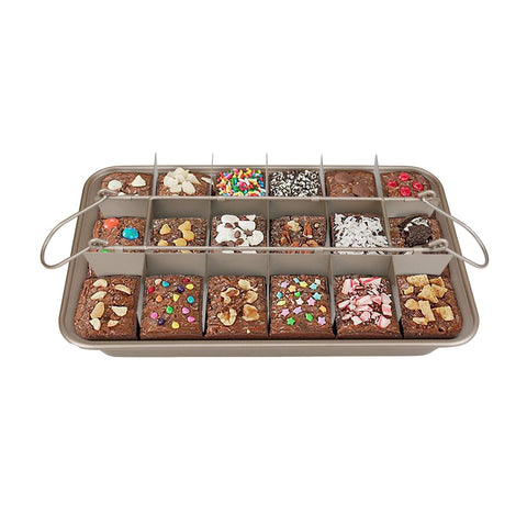 Ailelan brownie pan pops out each slice for mess-free serving.