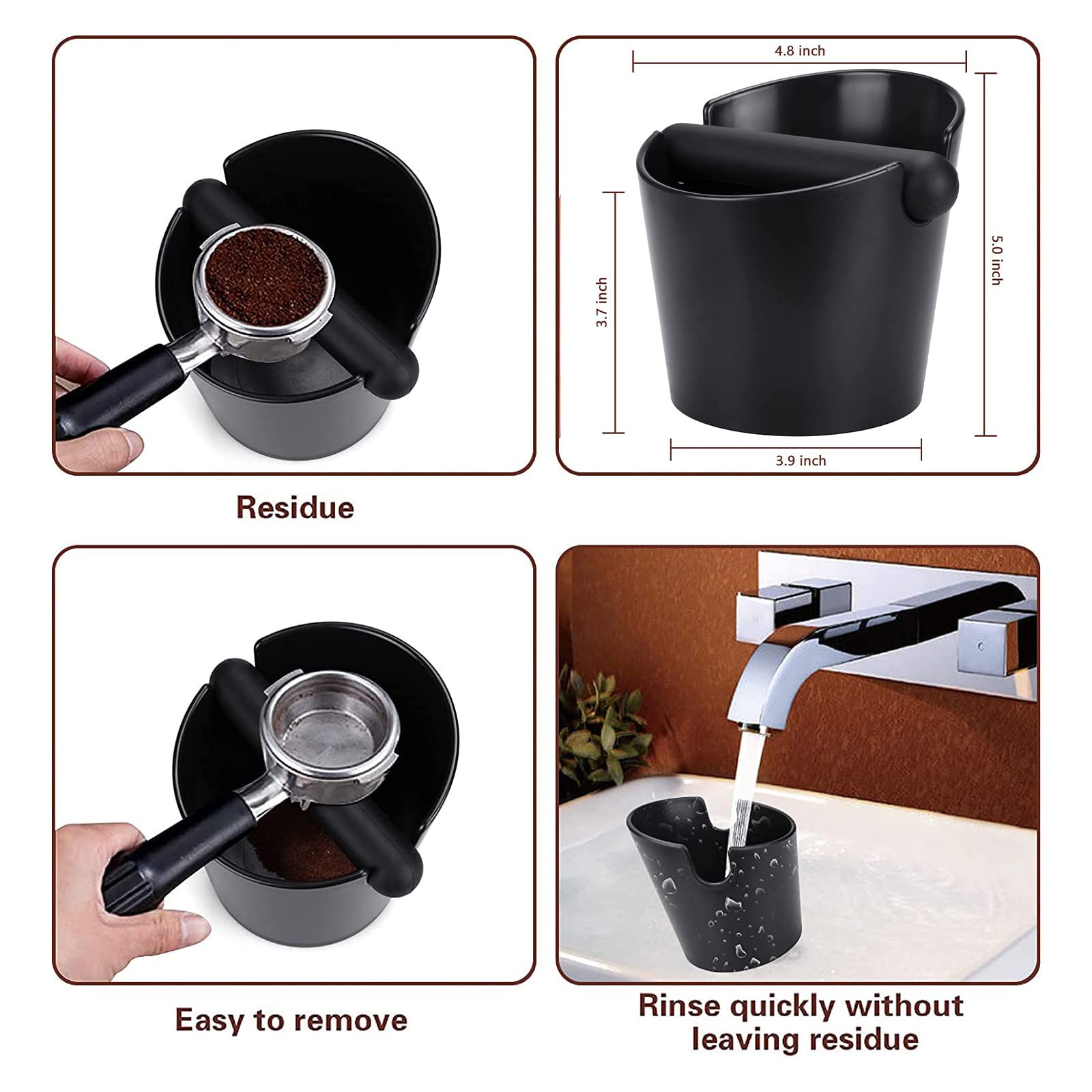 Ailelan knock box with a deep mouth to minimize splash during dumping