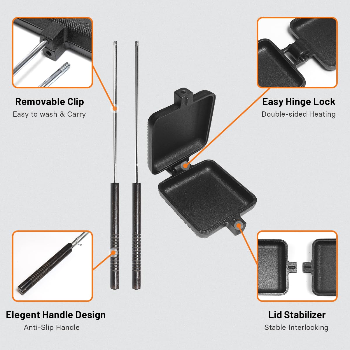 AILITOR easy-open hinge design for simple sandwiches over a fire.