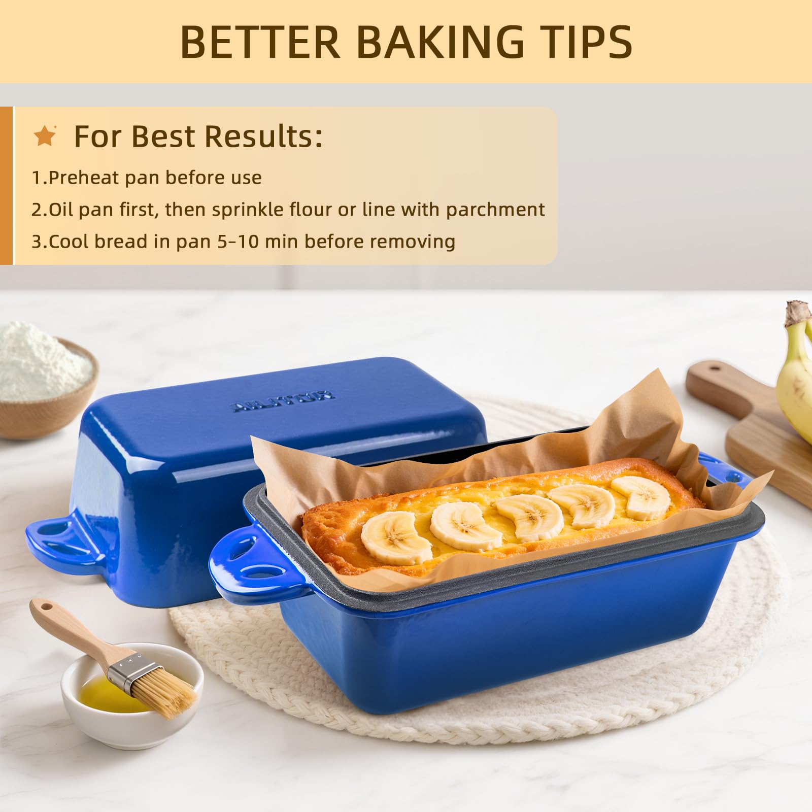 AILITOR enamel-coated pan with lid enables easy cleanup and non-stick release.