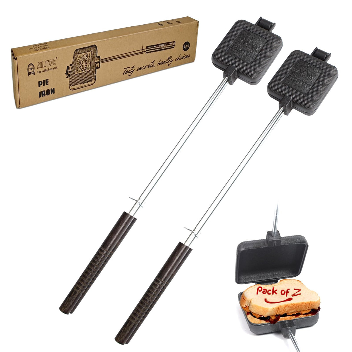 AILITOR pre-seasoned square pie iron ready for quick camp meals.