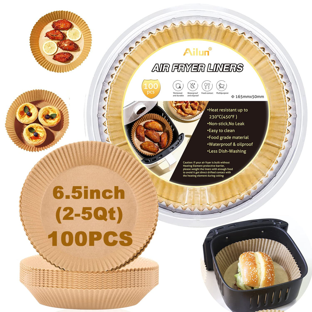 Ailun 6.5-inch air fryer liner on tray keeps fryer clean and easy cleanup.