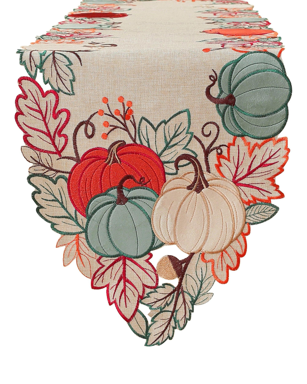AILUOQI Thanksgiving runner with embroidered velvet pumpkins on a festive table.
