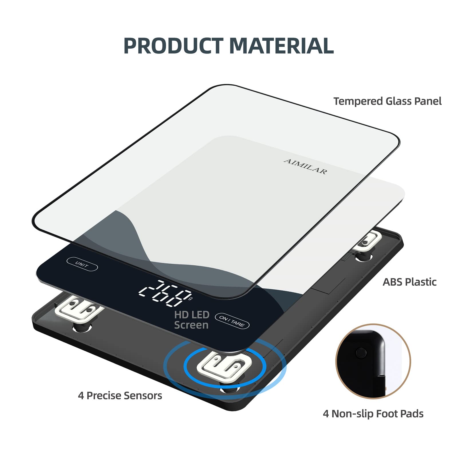 AIMILAR large tempered glass platform offers a stable, easy-to-clean weighing surface.