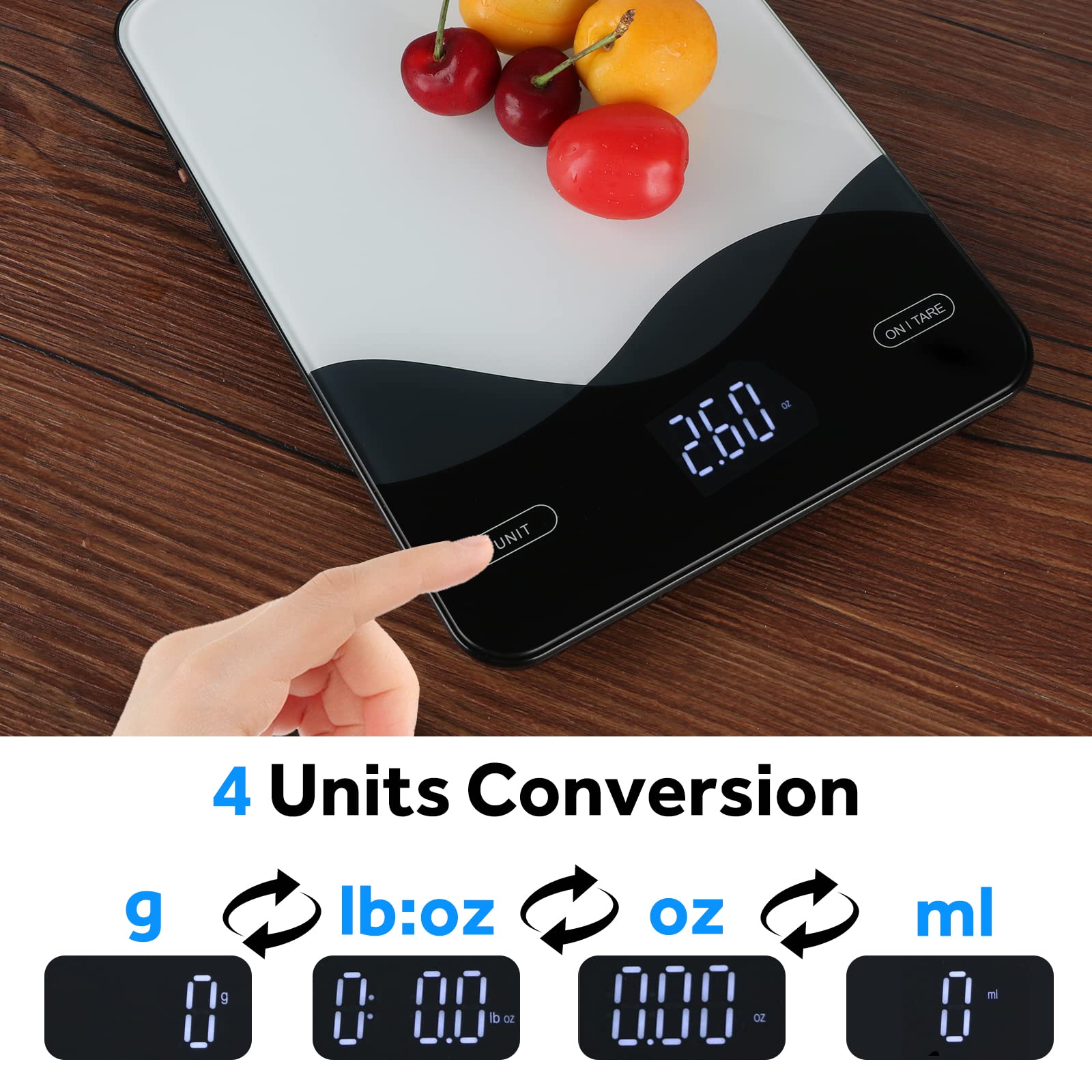 AIMILAR four-unit system covers g, lb, oz, and ml for versatile recipes.