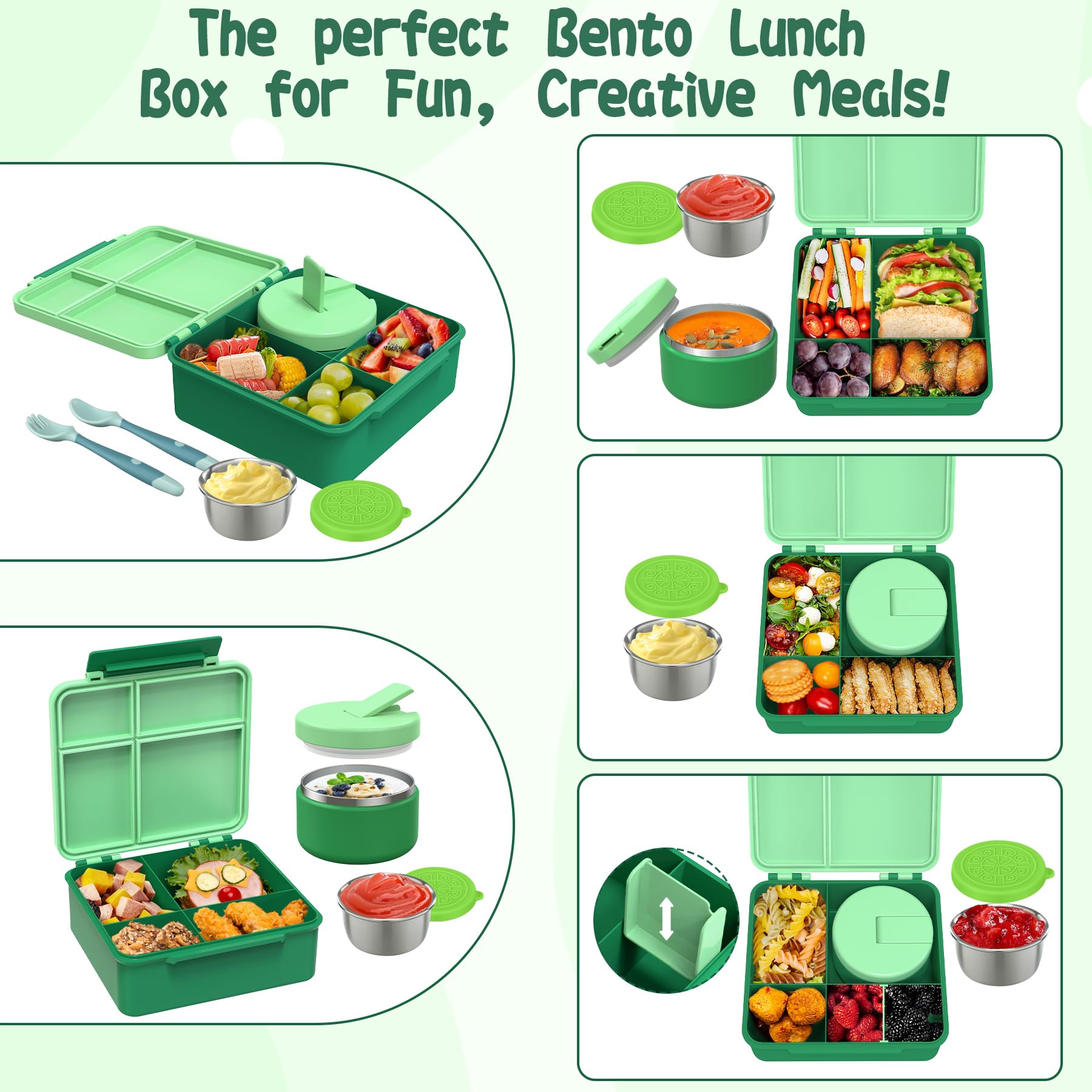 Aimsnk kids bento lunchbox green showing multiple compartments.