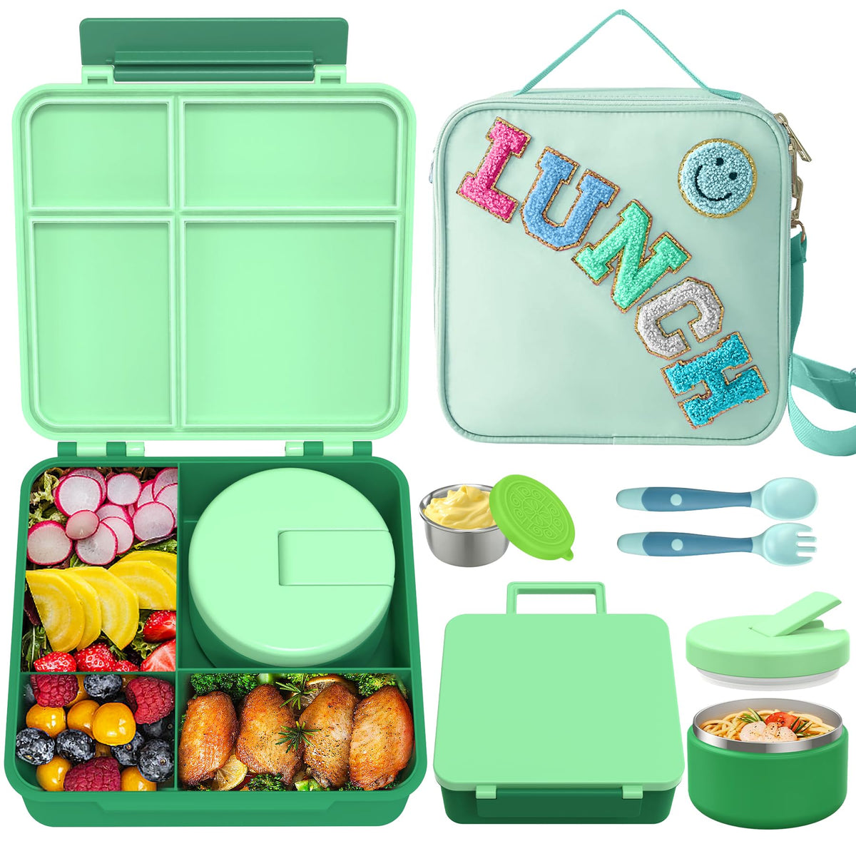 Aimsnk kids bento lunchbox green with lid lock for easy child access.