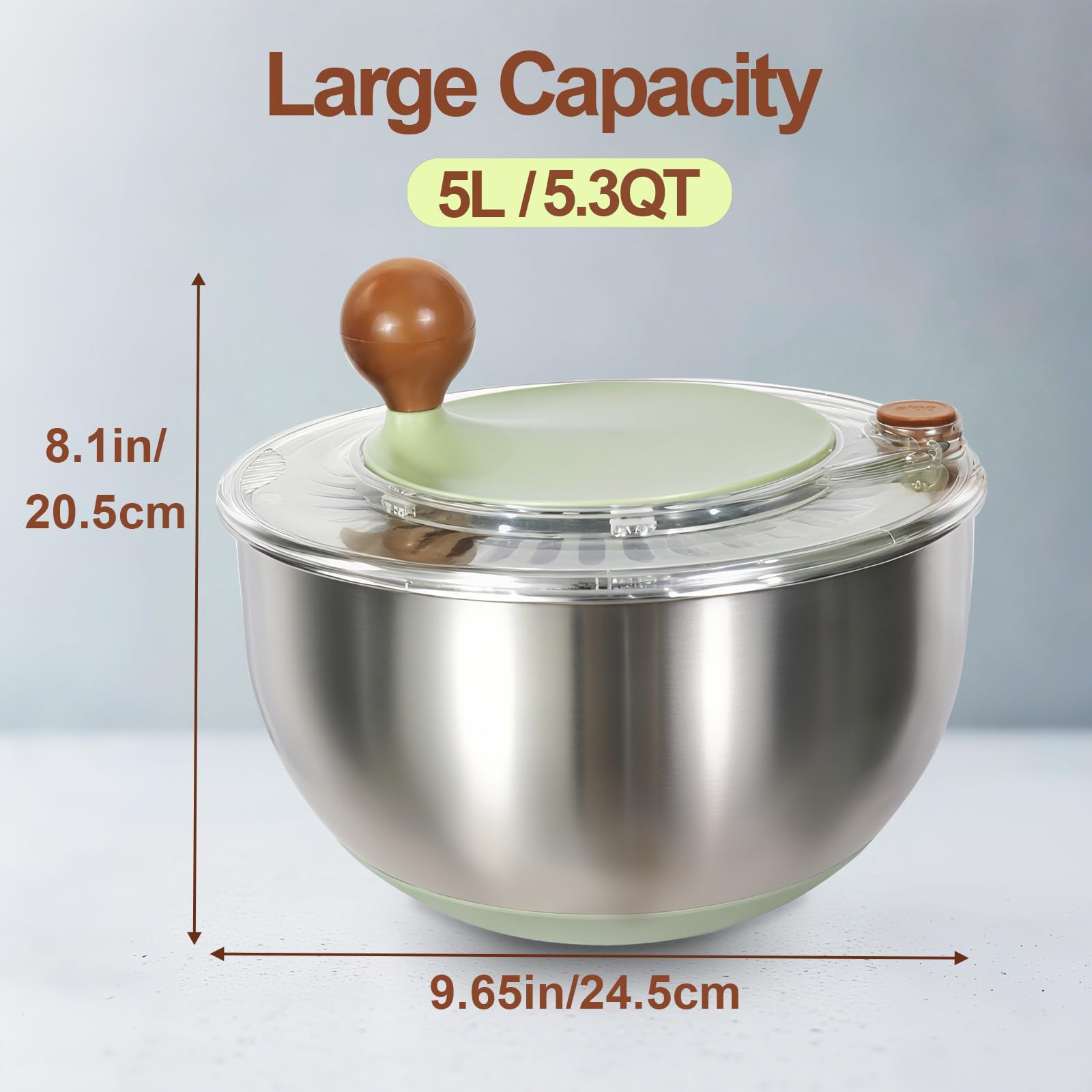 Ainmvnos 5-3qt salad spinner drain hole for efficient water removal after washing.