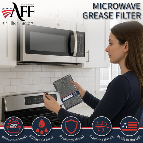 Air Filter Factory grease filter close-up highlights 12-layer aluminum mesh for effective filtration.