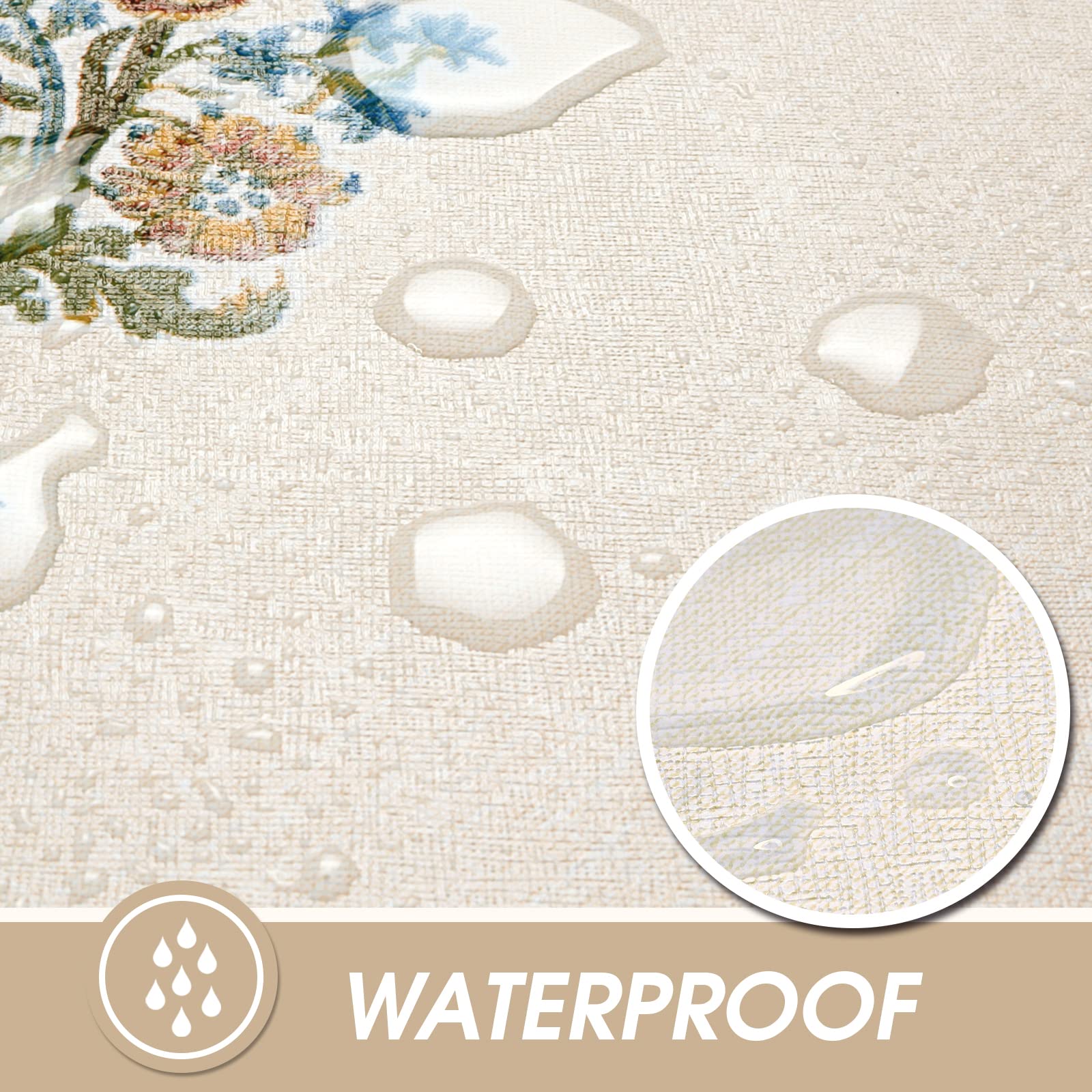 Liquid beads on the AIRCOWRIE tablecloth surface indicate spill protection during meals.