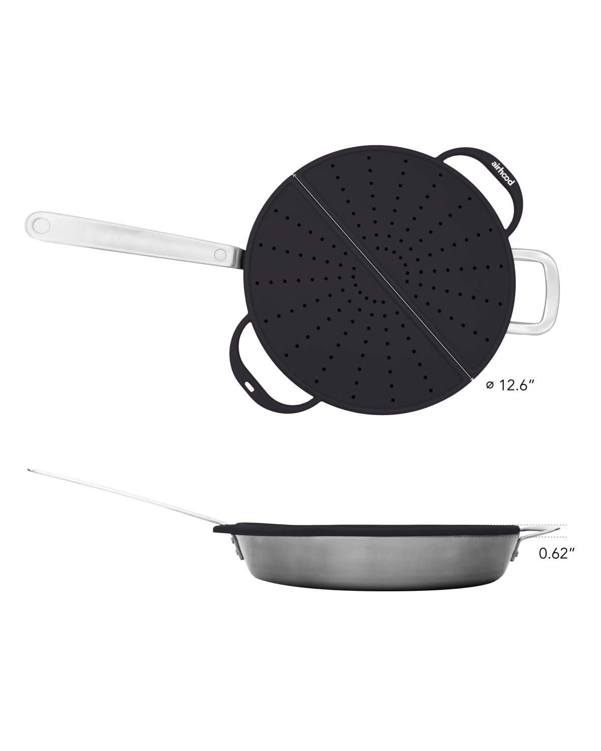 AirHood silicone splatter screen side-open for quick food checks during cooking.