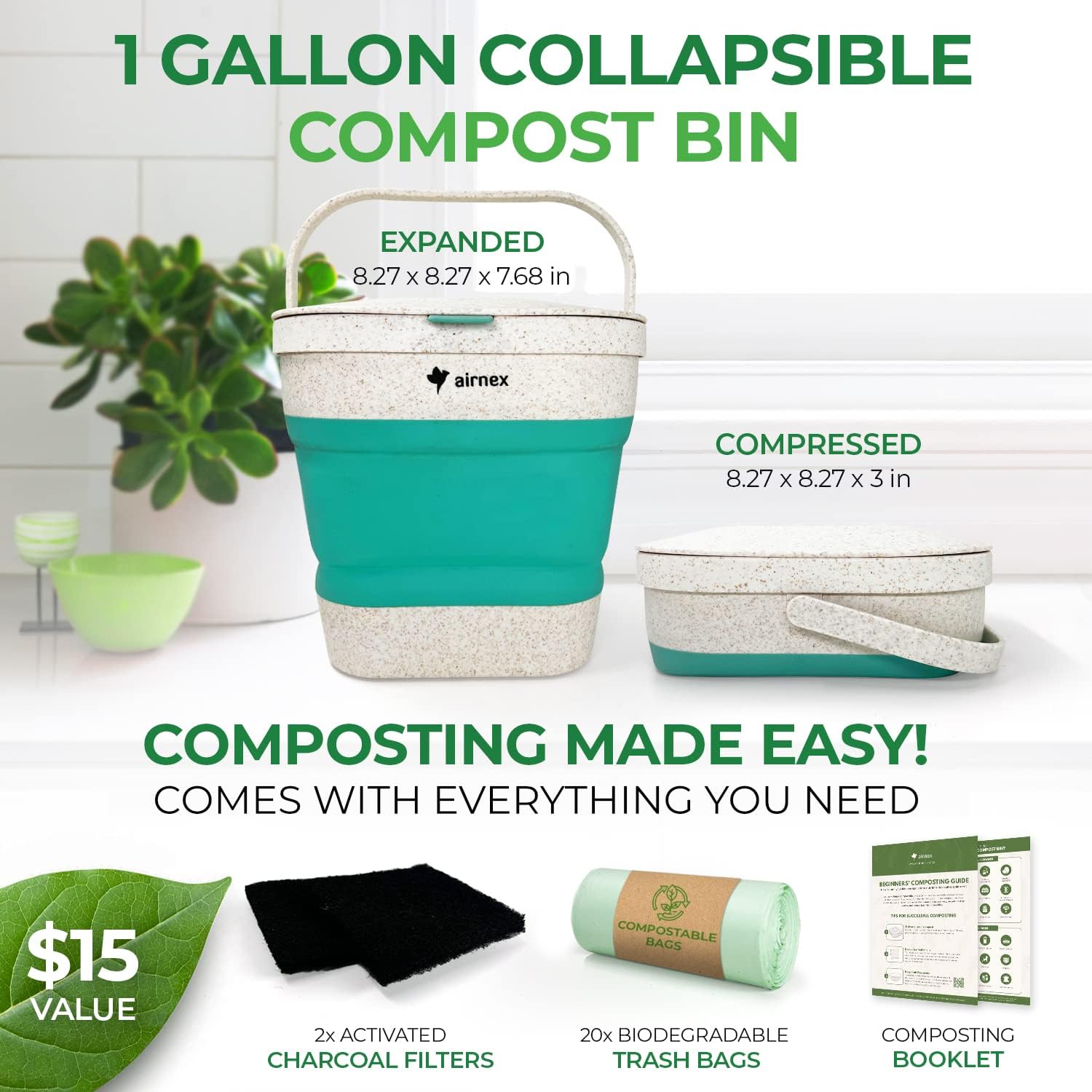 AirNex 1-gallon bin on countertop for tidy, odorless kitchen waste.