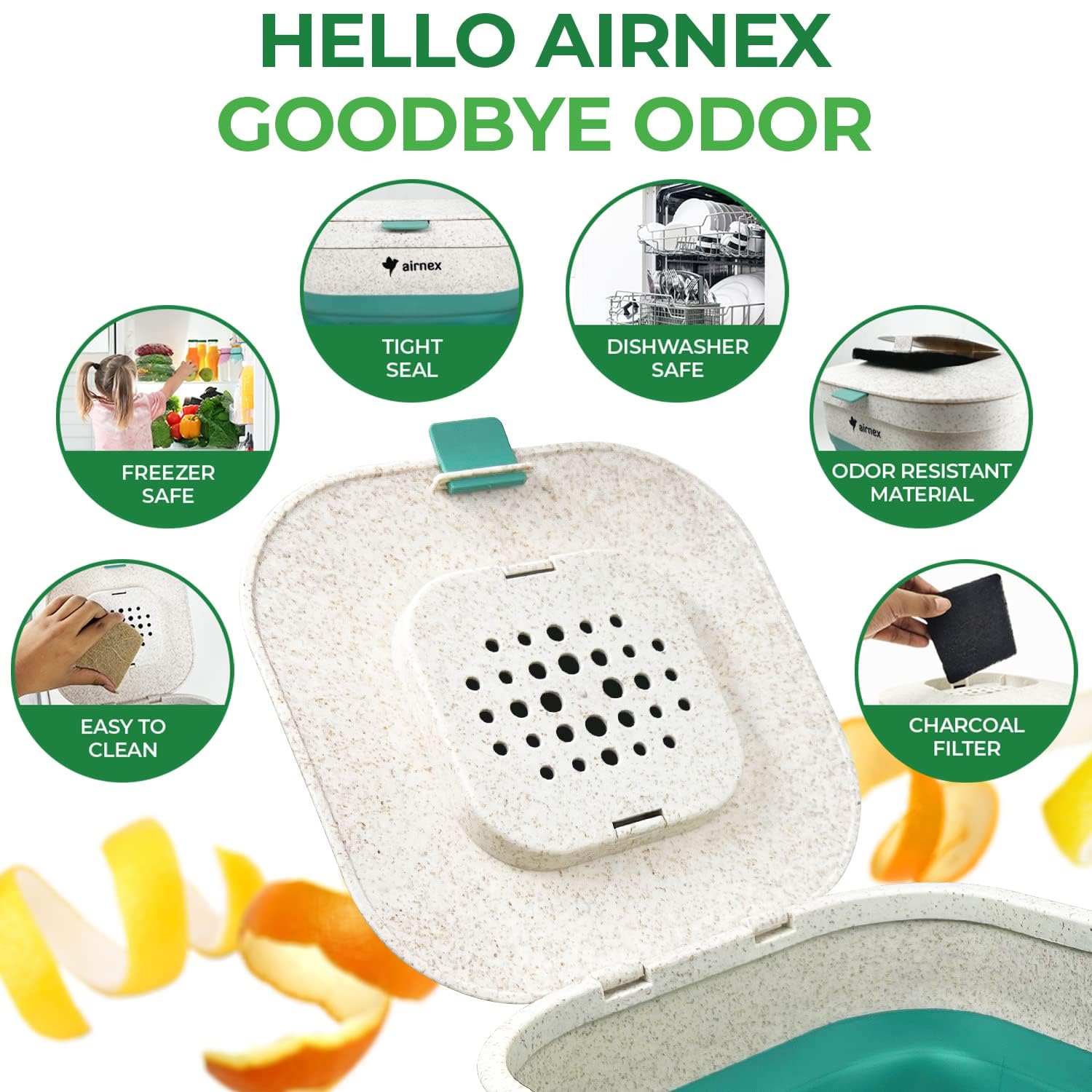 AirNex bin with lid and handle enables mess-free transport to outdoor compost.
