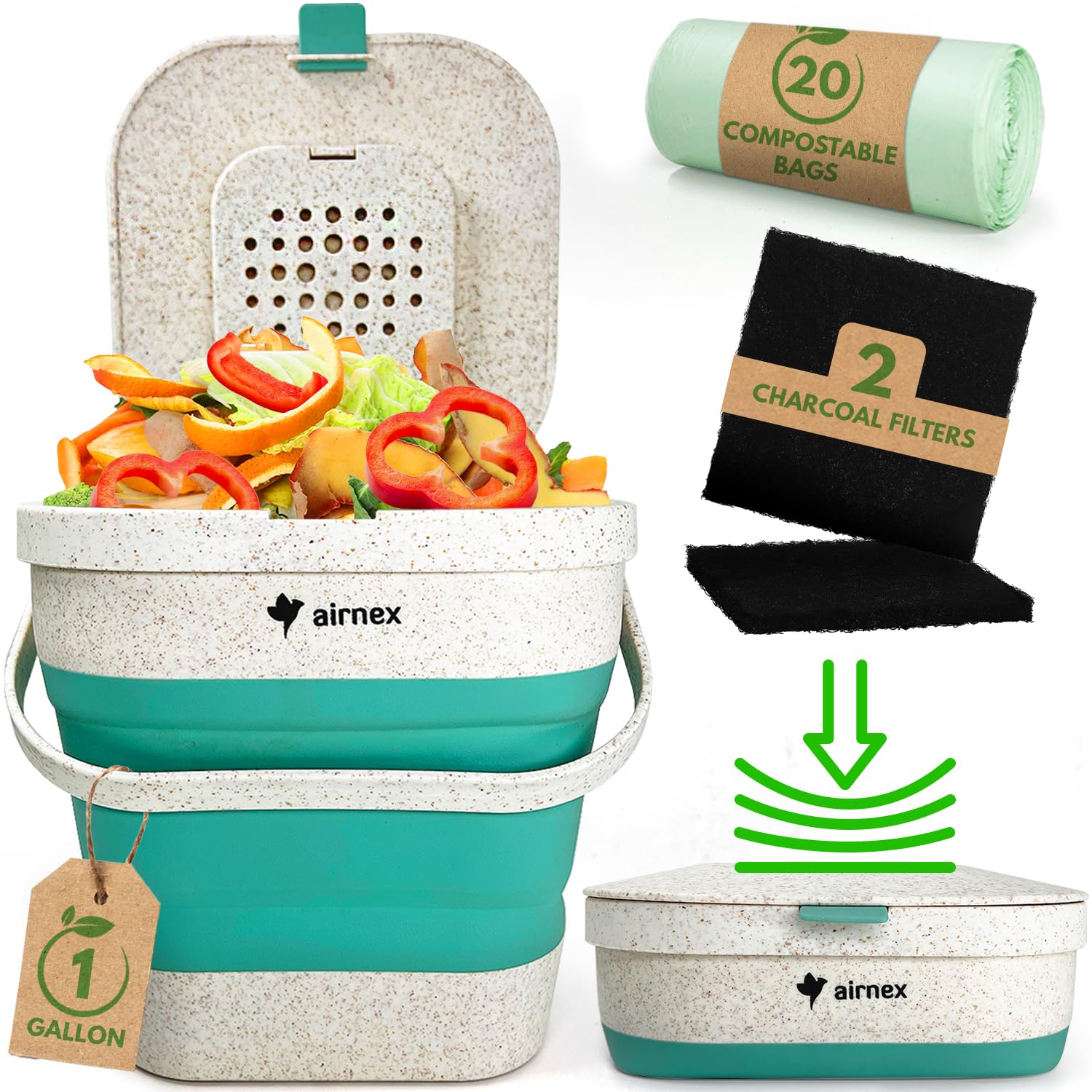 AIRNEX collapsible compost bin with lid on counter, space-saving design.