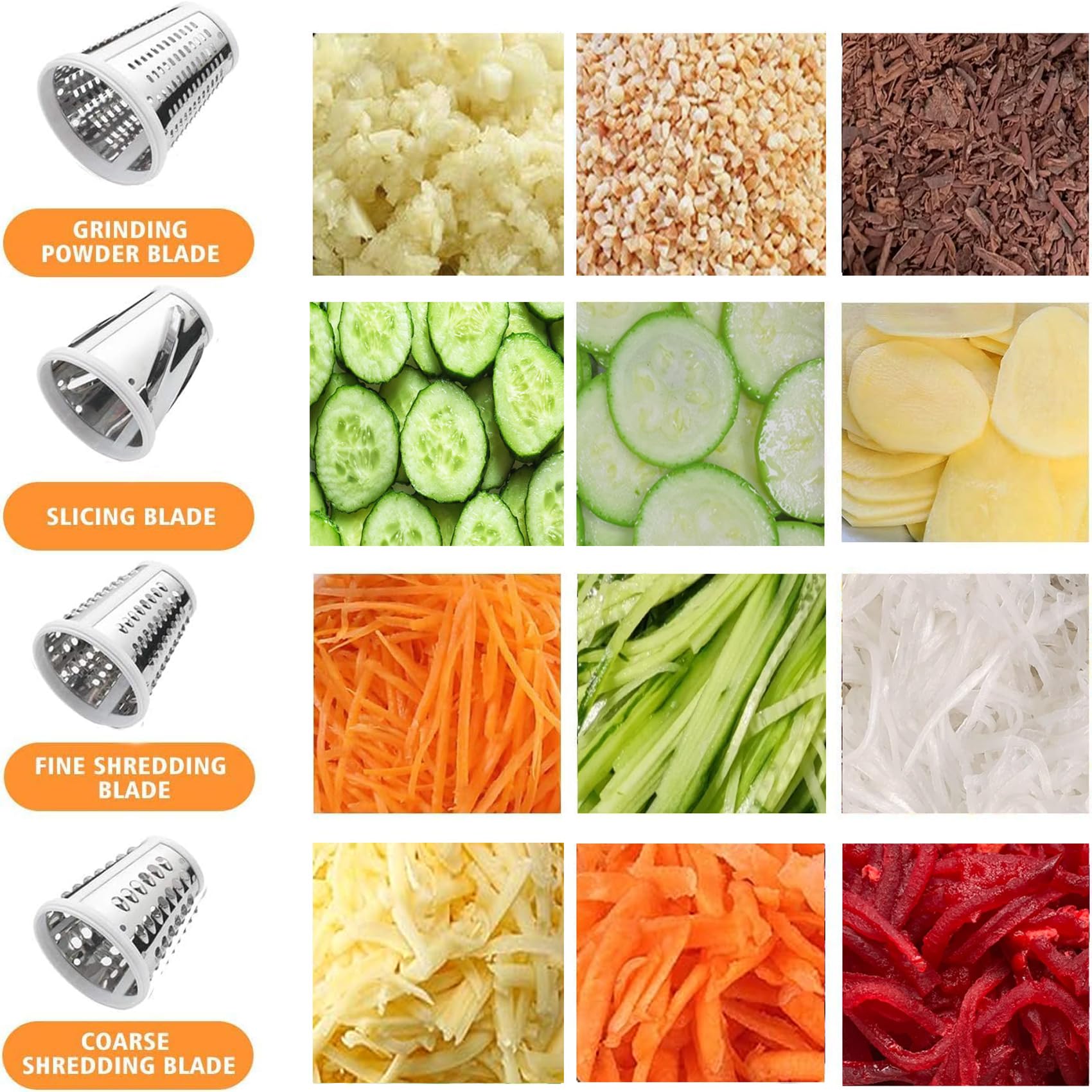 Airpro four blade system shown for versatile shredding, slicing, and grating in one attachment