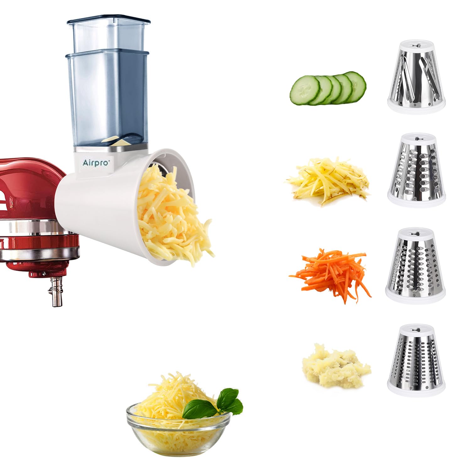 Airpro slicer shredder attachment for Kitchenaid stand mixer enables quick slicing and shredding
