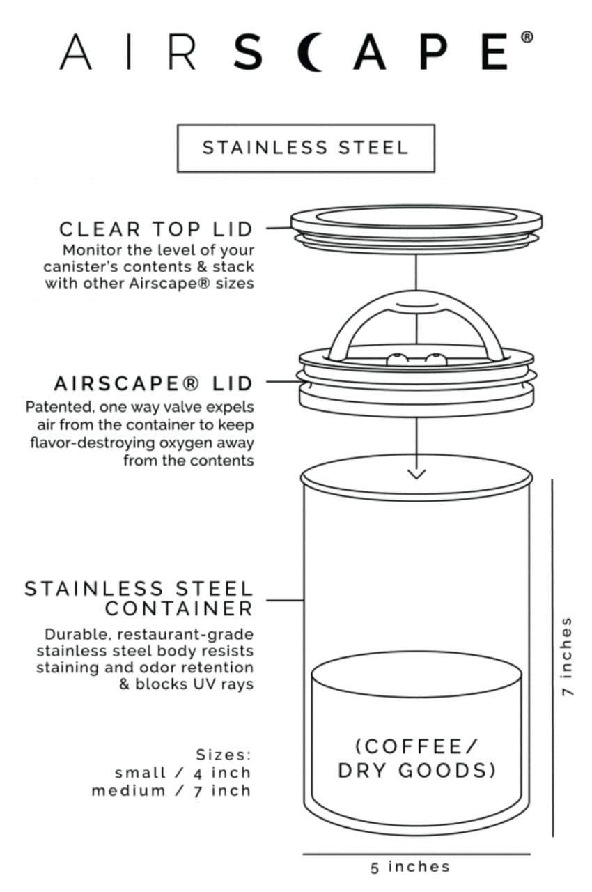 AirScape medium coffee canister holding about 1 lb of whole bean coffee