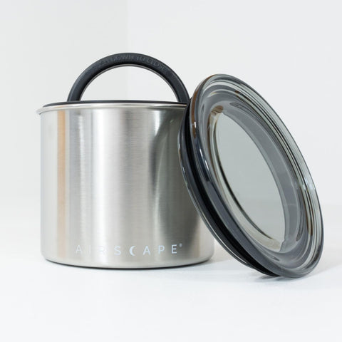 AirScape stainless steel canister blocks UV rays to protect coffee beans.