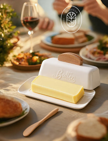 AISBUGUR butter dish shows decorative font for chic kitchen decor.