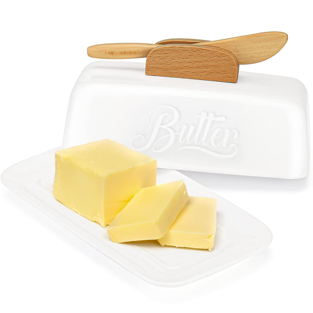 AISBUGUR butter dish with lid and knife keeps butter fresh on the counter.