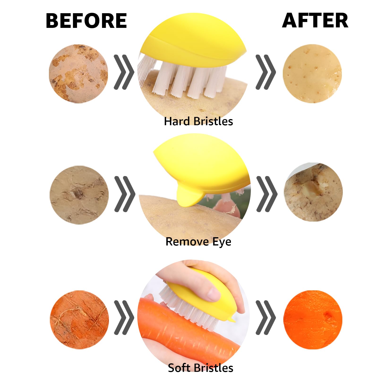 AISHUJIE Veggie Brush with pointed bristles targets potato eyes for cleaner skins.