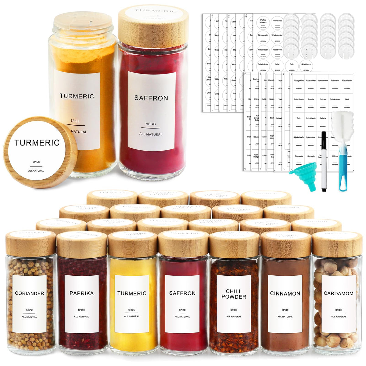 AISIPRIN glass spice jars set with clear visibility for easy organization