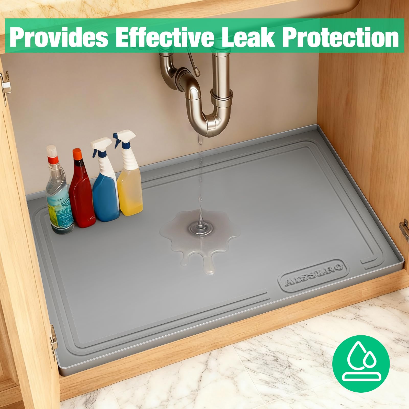 Aisslro BPA-free silicone mat offers durable, odor-free cabinet protection.