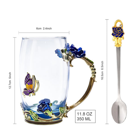 AISVELDY butterfly rose embellished glass mug with 3D design, ideal for gifting.