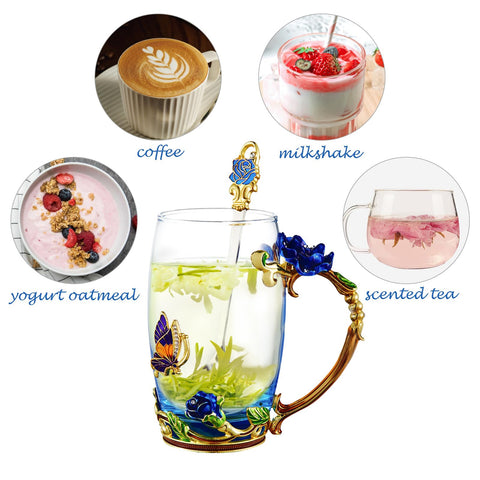 AISVELDY enamel glass mug with stainless spoon for easy stirring and stylish sips.