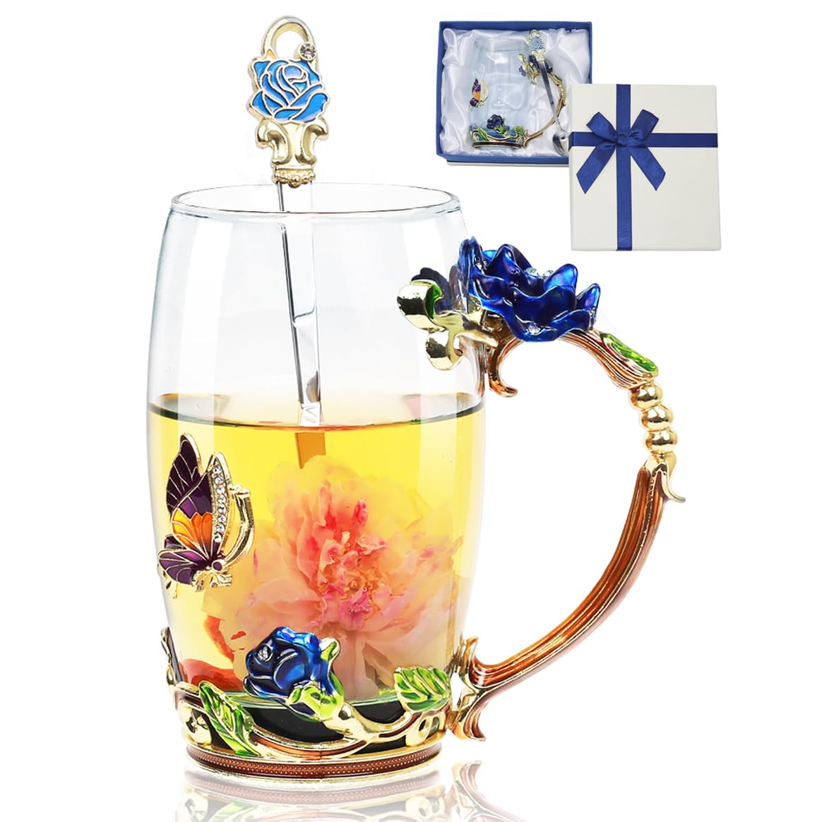 AISVELDY flower tea cup with butterfly rose on clear glass, perfect for elegant hot or cold beverages.