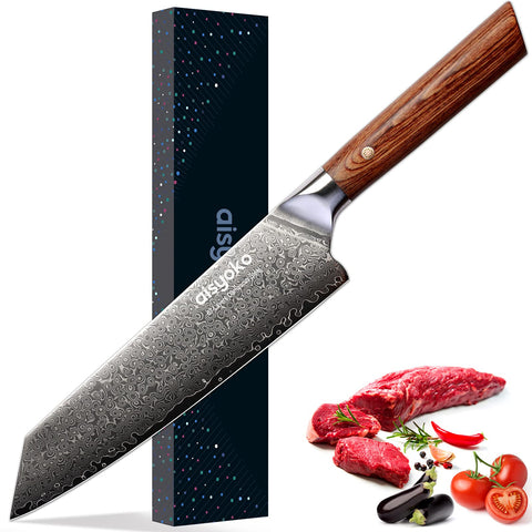 Aisyoko 8-inch Damascus blade close-up showing layered pattern and precise cutting capability
