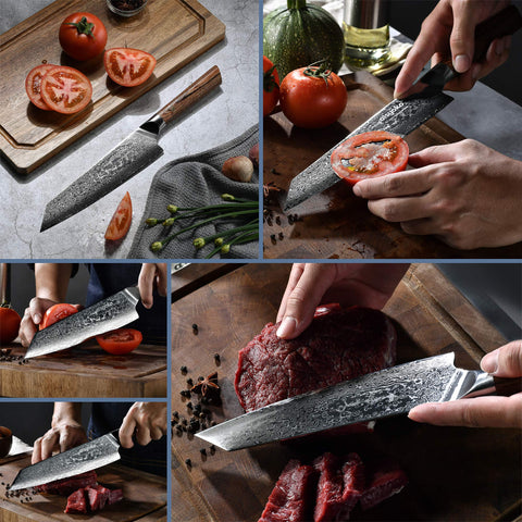 Aisyoko Damascus knife with wooden handle demonstrating ergonomic balance for comfortable prep