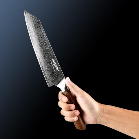 Professional kitchen scene with Aisyoko knife in action