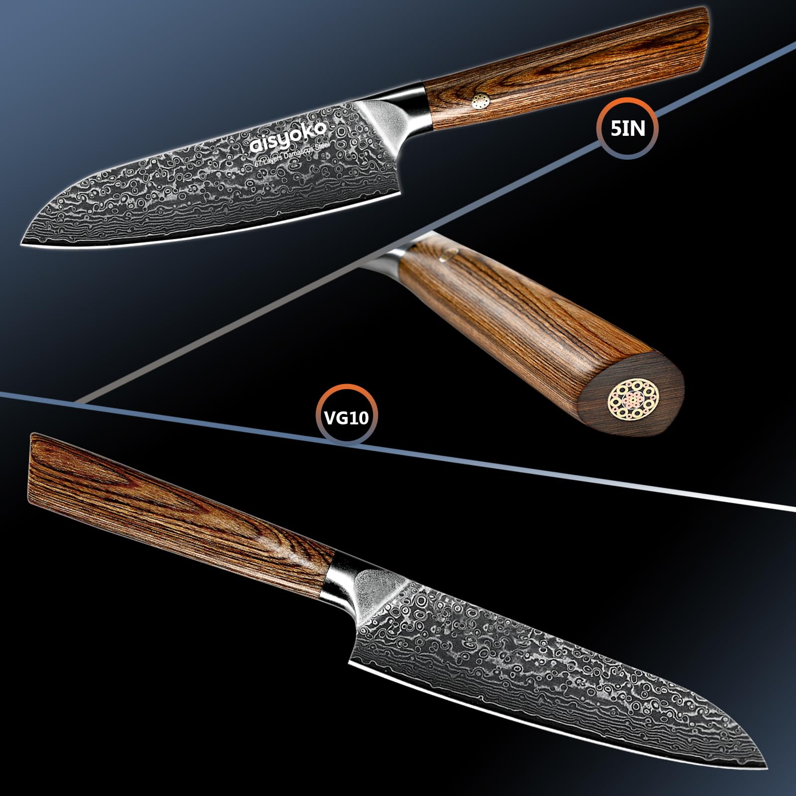 Aisyoko Santoku 5in Damascus texture combines beauty with reliable cutting