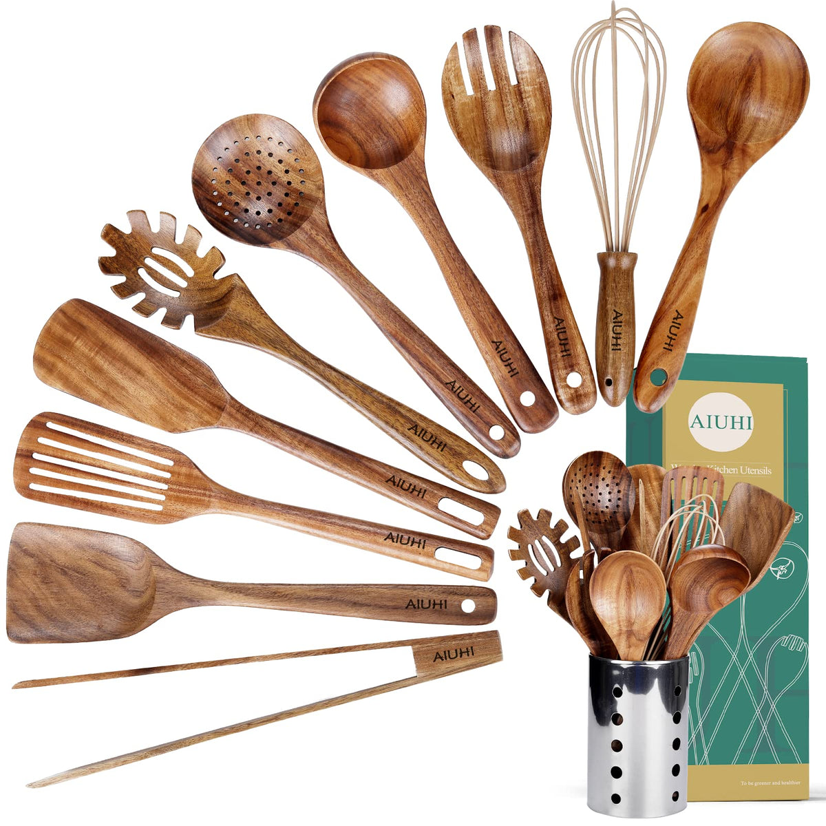 AIUHI Kitchen Utensils Holder shown with organized teak tools for easy wall storage.