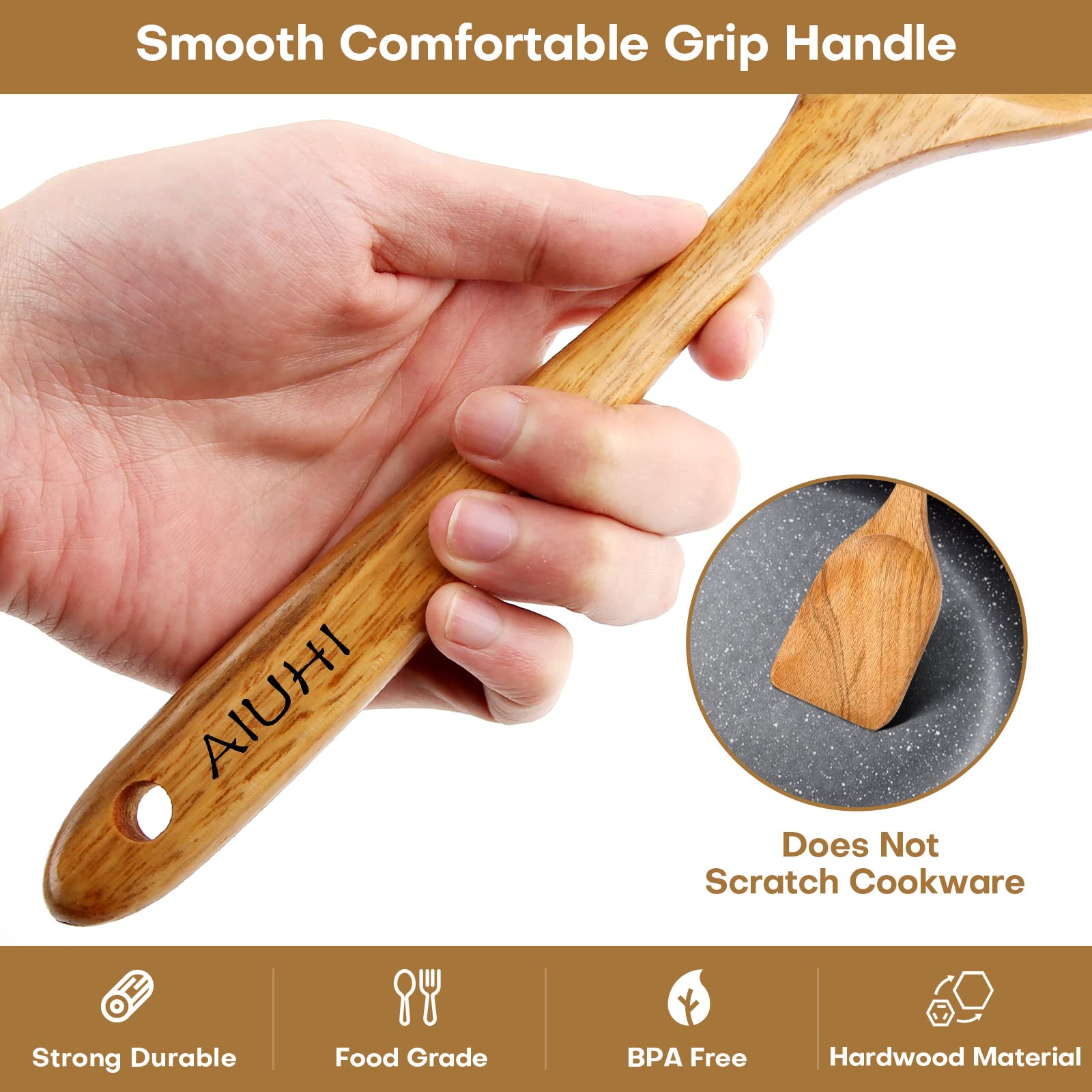 AIUHI teak spatula set designed for nonstick pans and easy flipping.