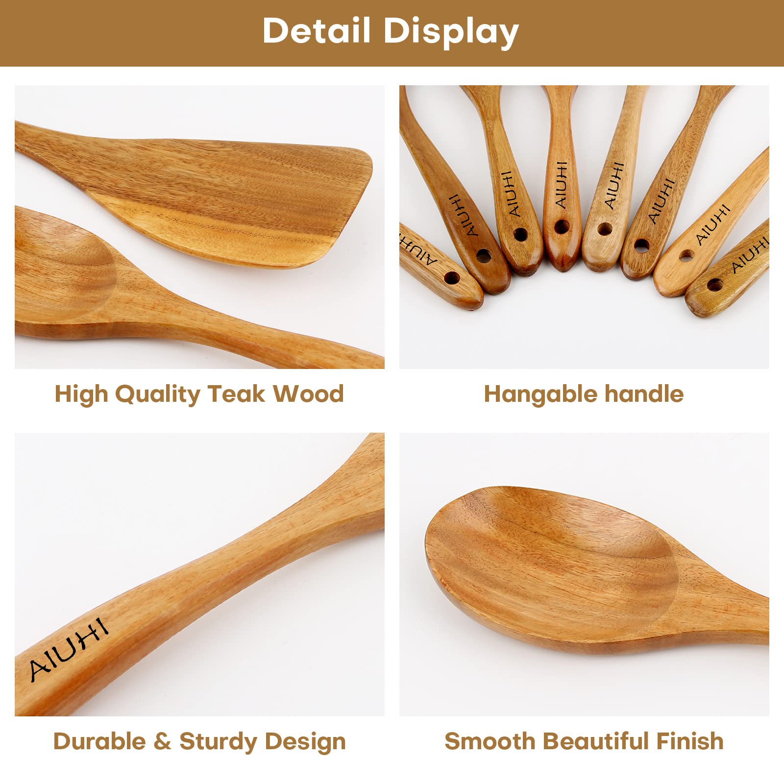 AIUHI teak spoons display-worthy craftsmanship suitable for hanging storage.