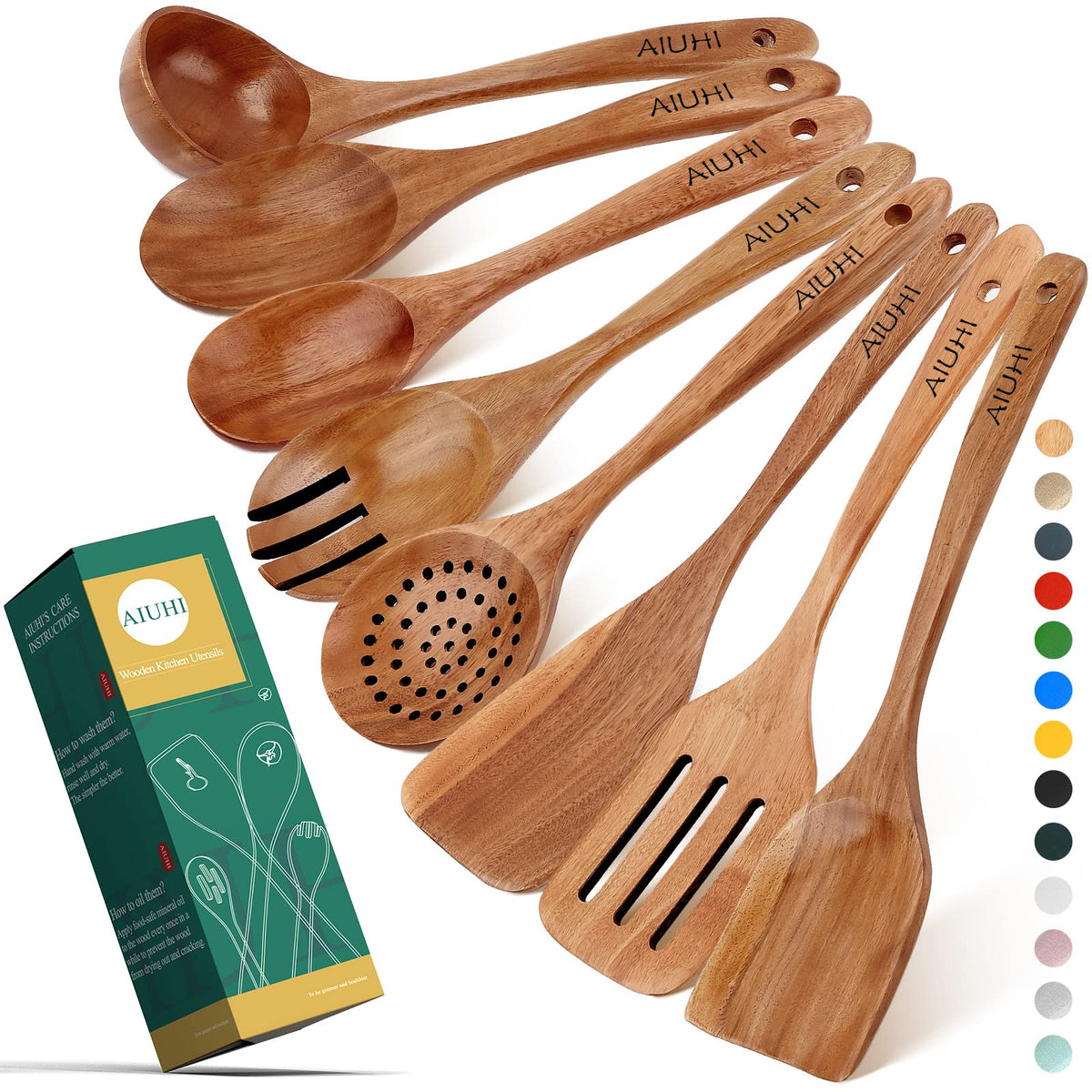 AIUHI teak wooden spoons with a smooth finish for gentle nonstick cooking.