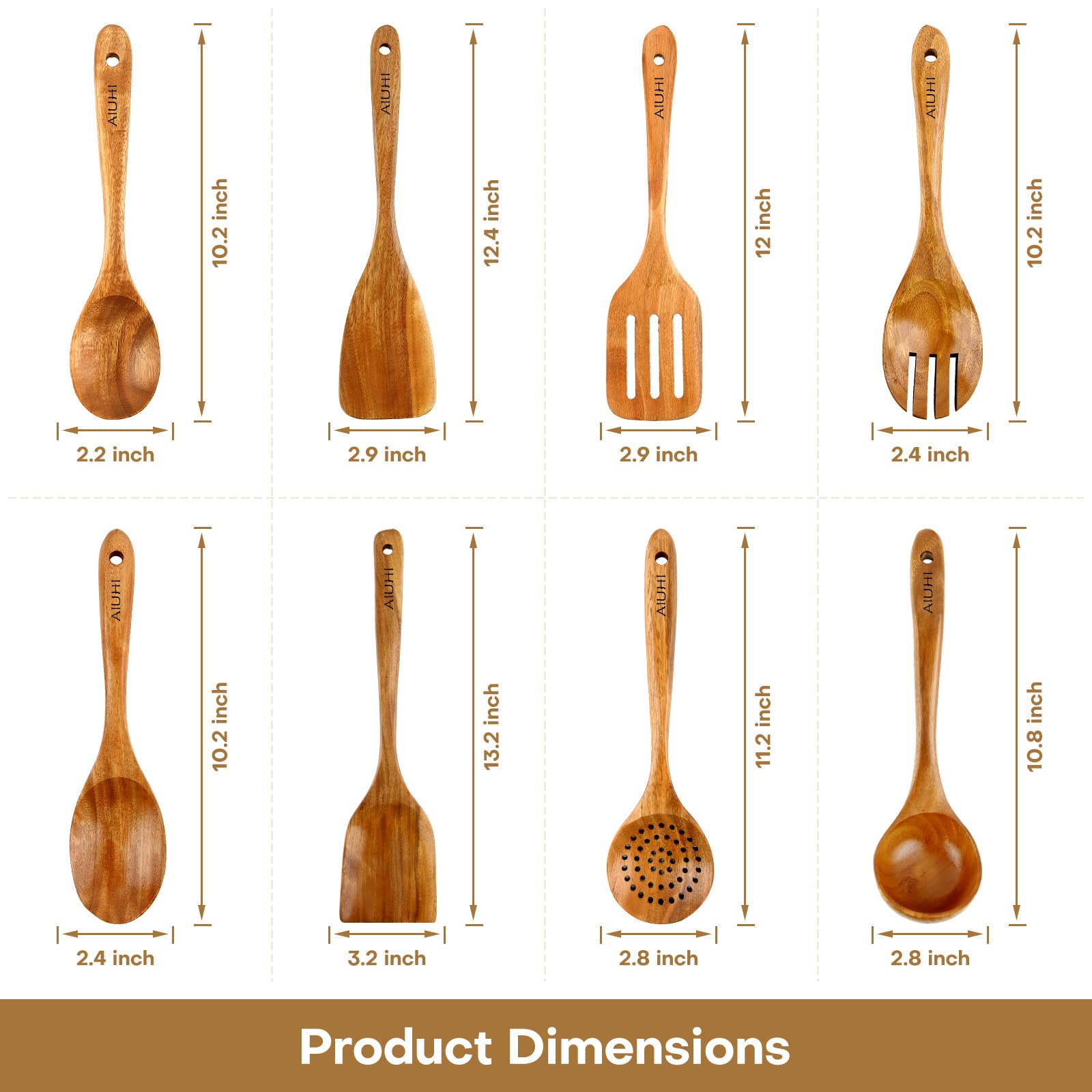 AIUHI wooden utensils highlighting natural grain and durable construction.