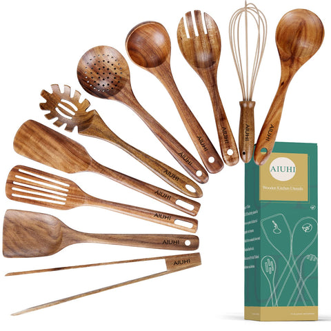 AIUHI teak wooden spatula for nonstick pans; smooth surface protects cookware