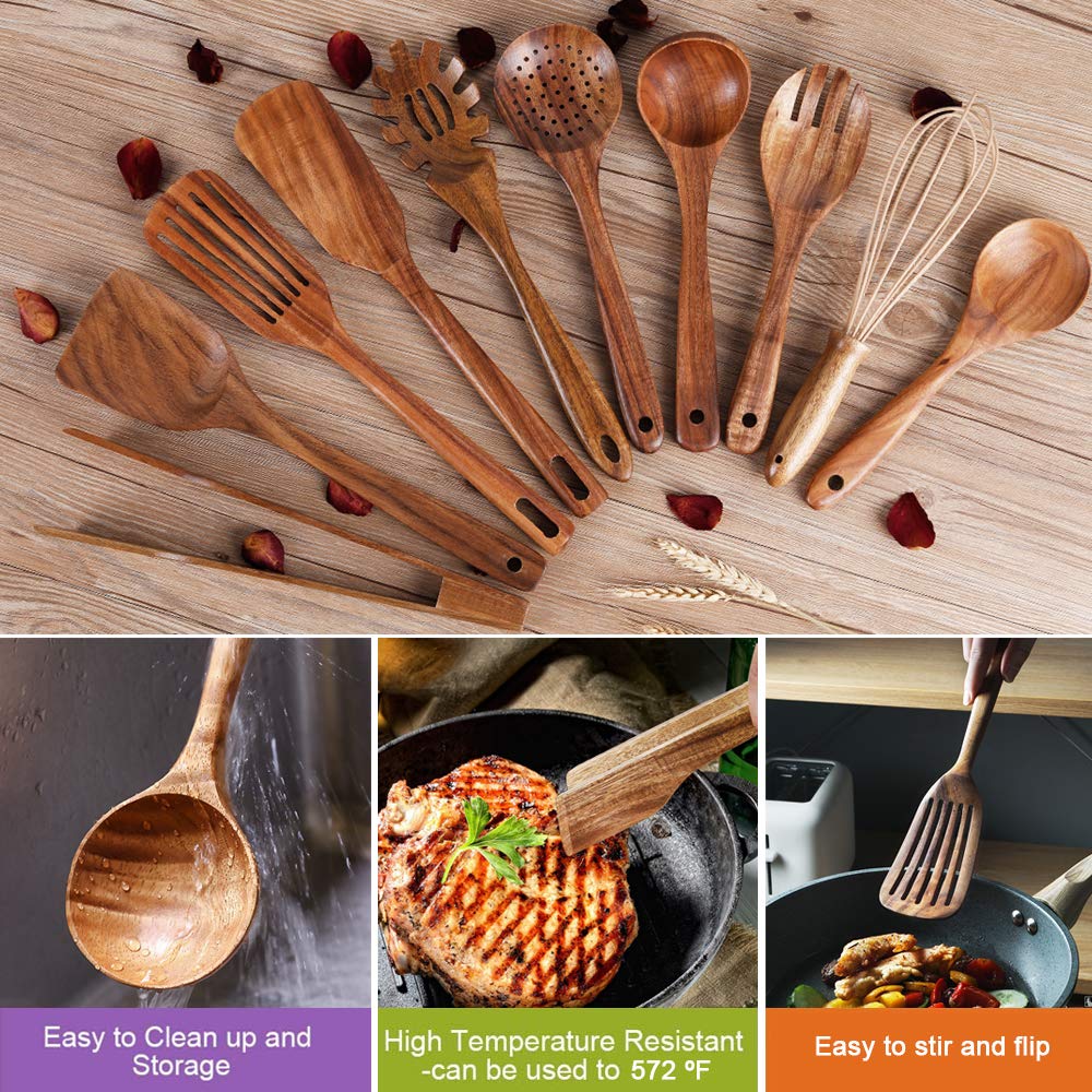 AIUHI Wooden Utensil Set hanging design enables space-saving kitchen storage with holes.