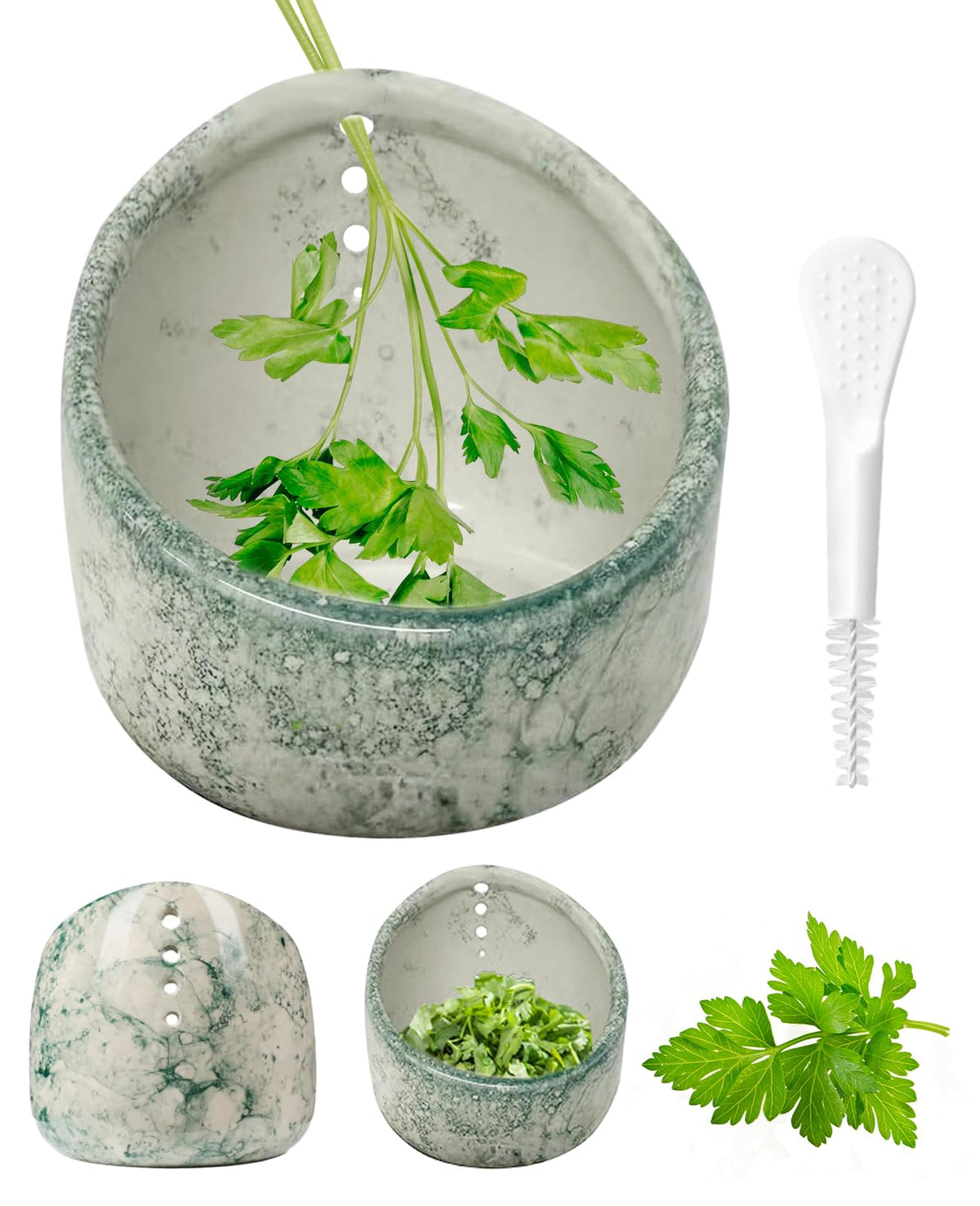 Aiuulu Pottery Herb Stripper Bowl; front view shows handmade ceramic design for easy herb prep.