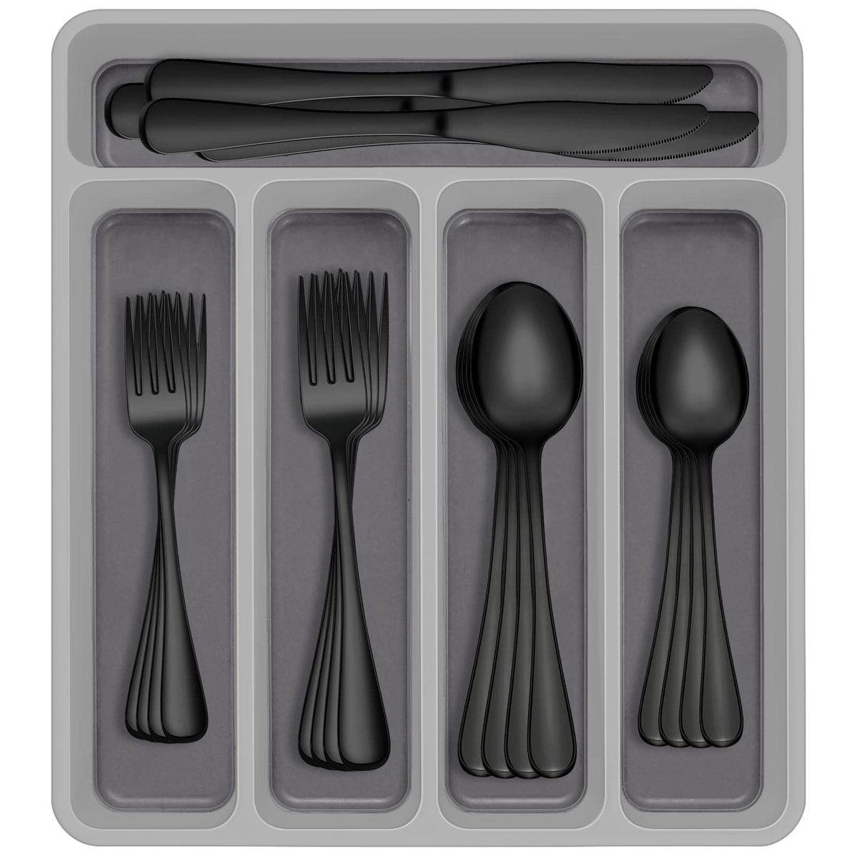 AIVIKI 60-piece black flatware set with organizer on table