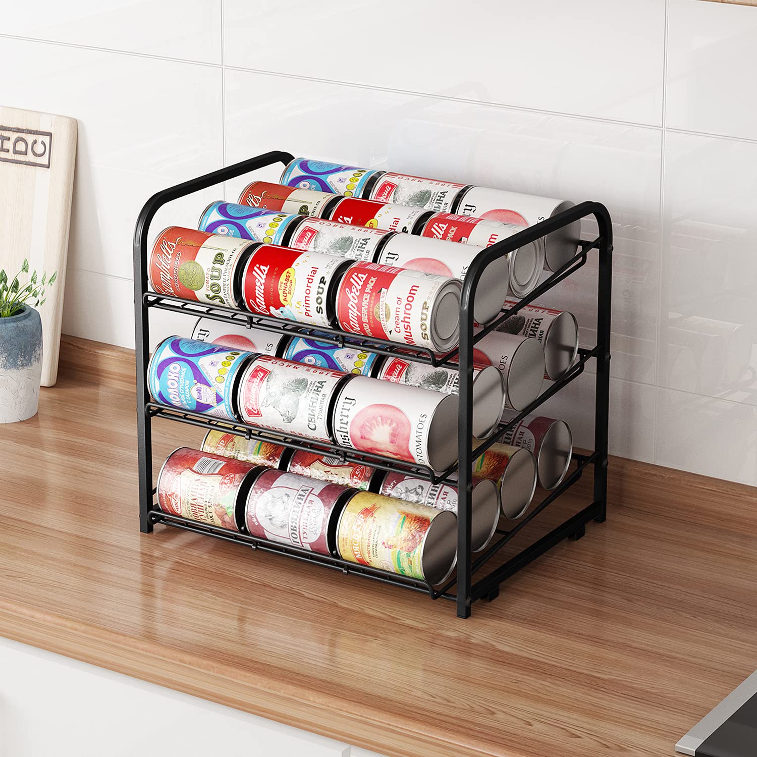 AIYAKA Can Rack top view reveals three-tier stacked organization.