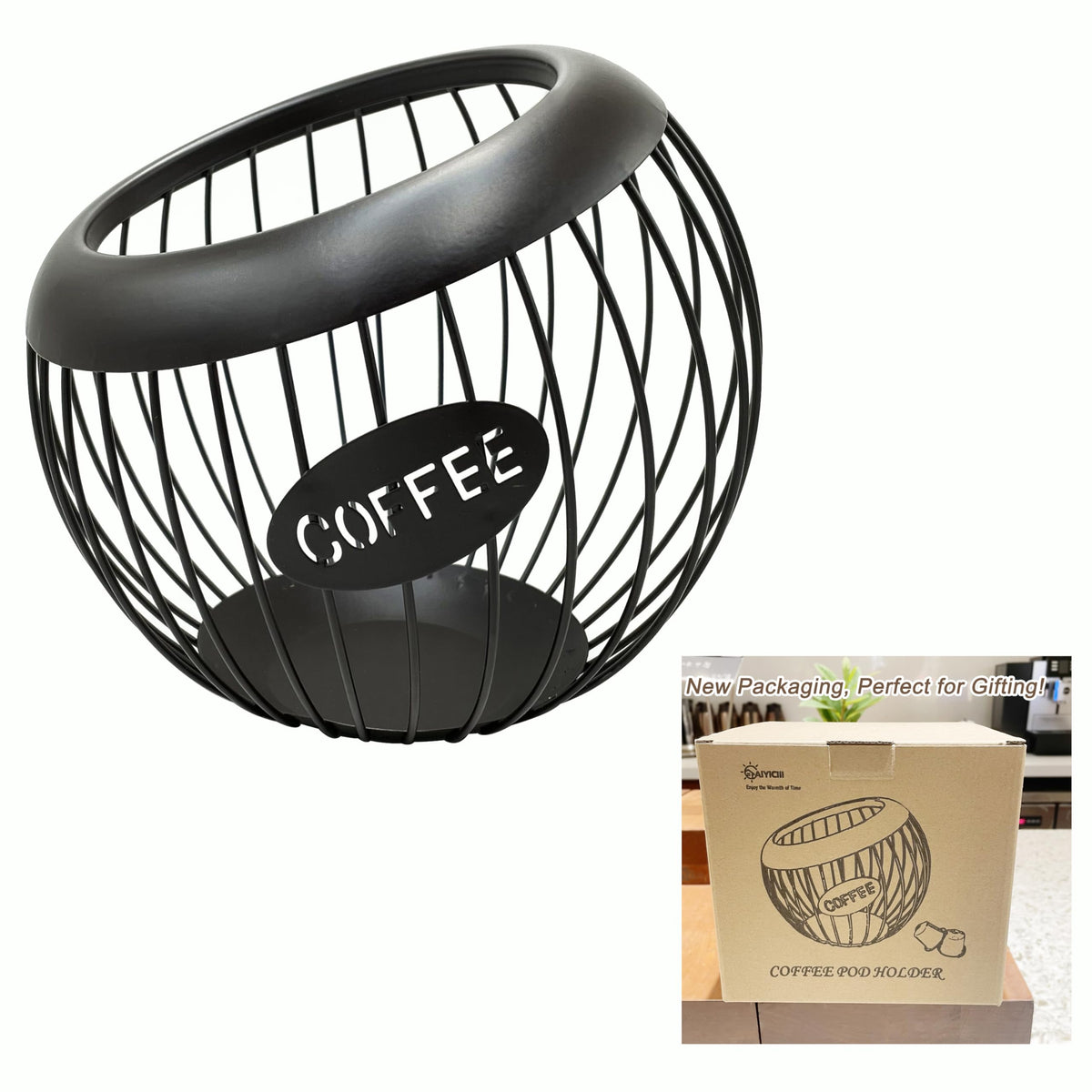 AIYICIII coffee pod holder in black front view organizes K-Cups for a tidy counter.