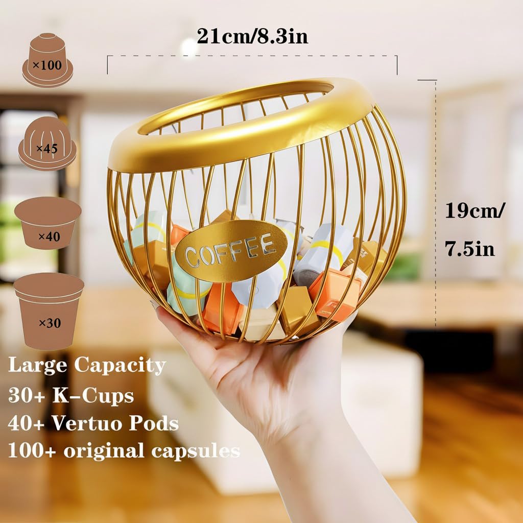 AIYICIII gold finish pod holder keeps counters clutter-free and accessible.