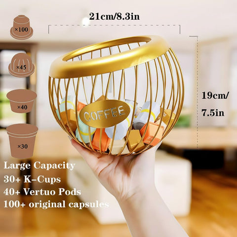 AIYICIII gold finish pod holder keeps counters clutter-free and accessible.